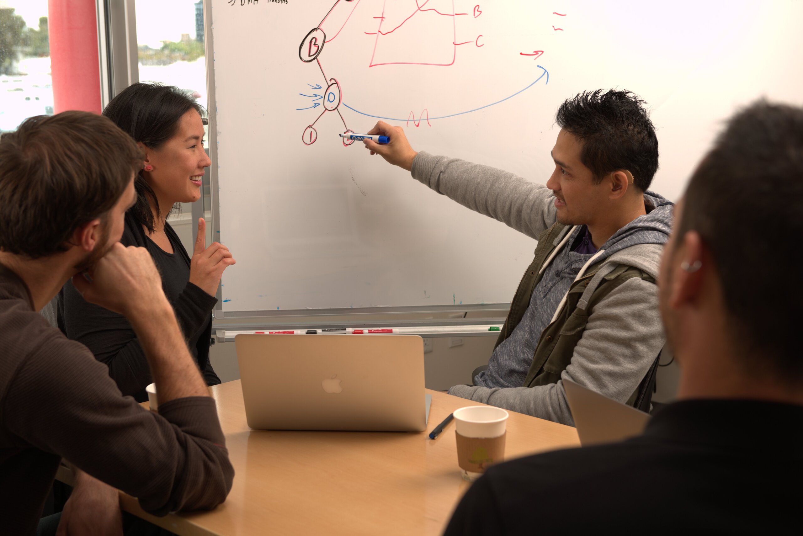 Three business people collaborating on a project, writing ideas on a whiteboard and a in an office. One person uses sign language while the person writing watches them.